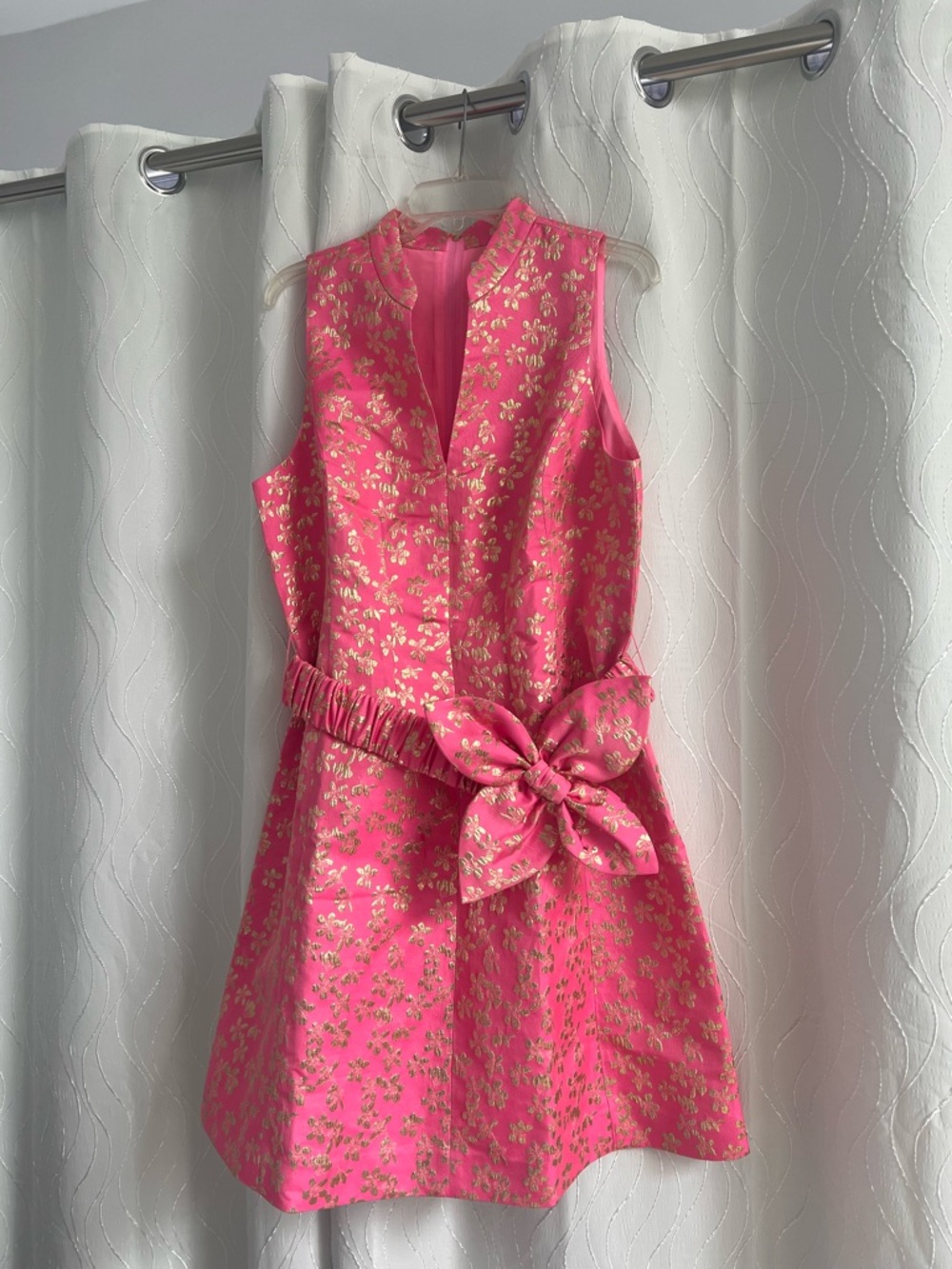 Lilly Pulitzer Hot Pink Dress with Gold Floral Print and Bow